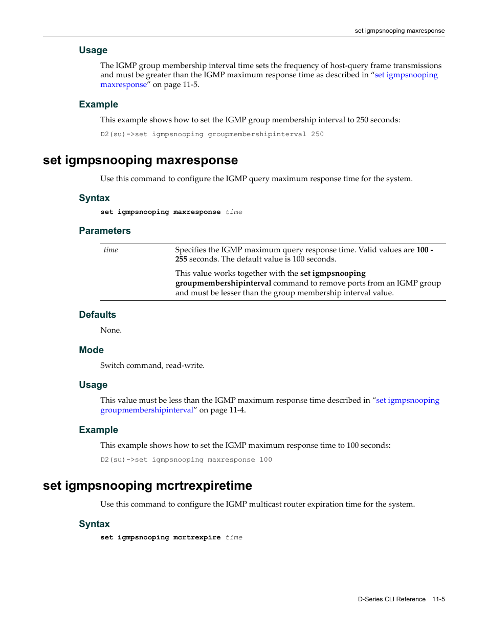 Set igmpsnooping maxresponse, Set igmpsnooping mcrtrexpiretime | Enterasys Networks Enterasys D2 D2G124-12P User Manual | Page 333 / 496