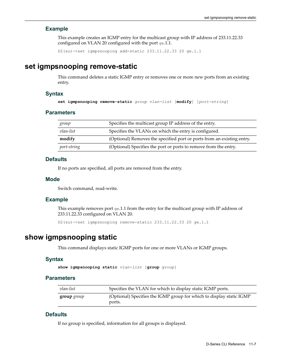 Set igmpsnooping remove-static, Show igmpsnooping static | Enterasys Networks Enterasys D2 D2G124-12P User Manual | Page 335 / 496