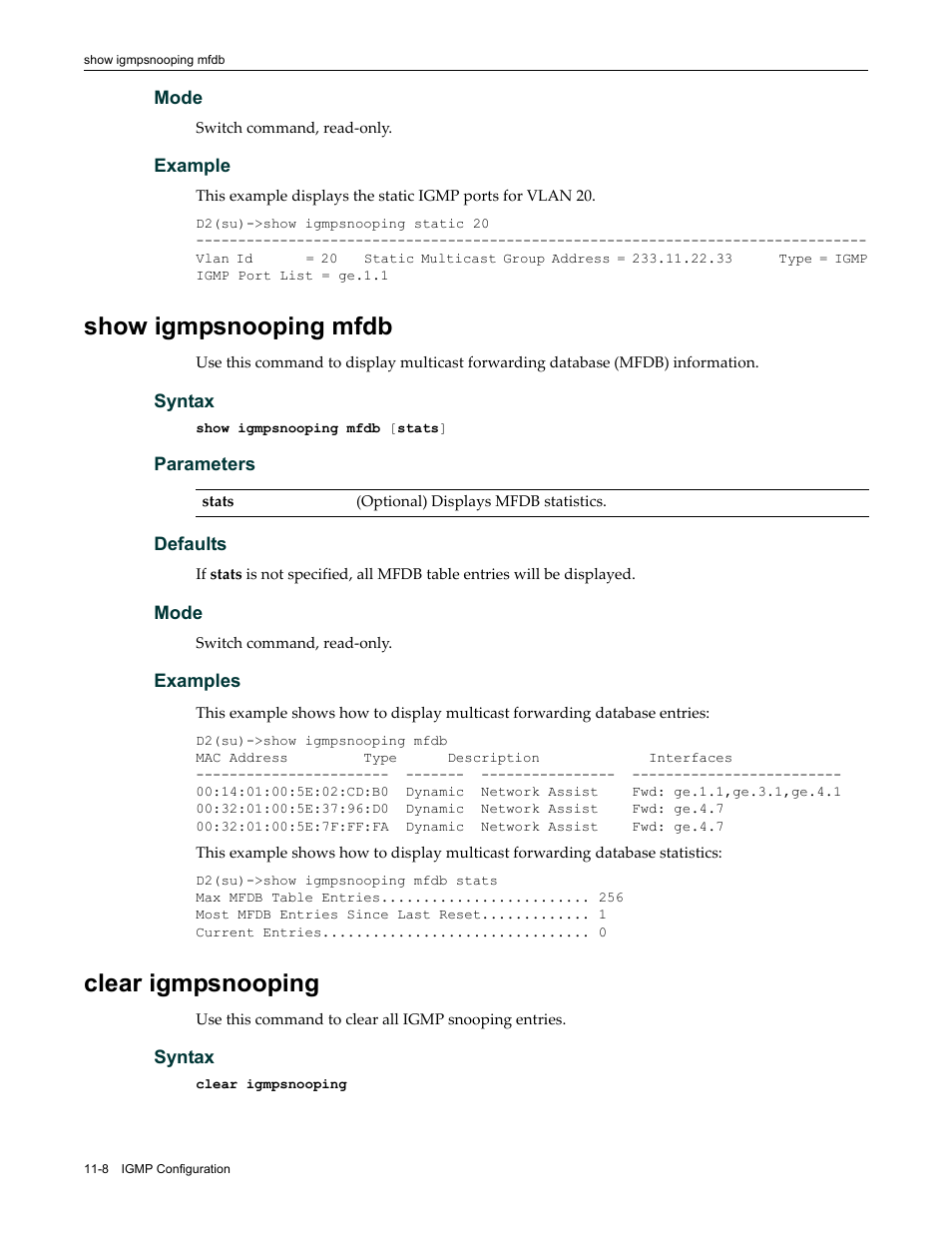 Show igmpsnooping mfdb, Clear igmpsnooping, Show igmpsnooping mfdb -8 clear igmpsnooping -8 | Enterasys Networks Enterasys D2 D2G124-12P User Manual | Page 336 / 496