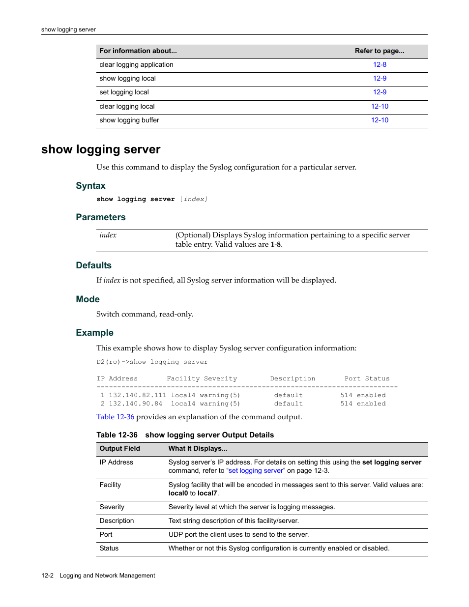 Show logging server, Show logging server -2, 36 show logging server output details -2 | Enterasys Networks Enterasys D2 D2G124-12P User Manual | Page 340 / 496