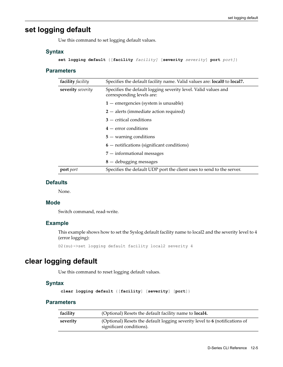 Set logging default, Clear logging default, Set logging default -5 clear logging default -5 | Enterasys Networks Enterasys D2 D2G124-12P User Manual | Page 343 / 496