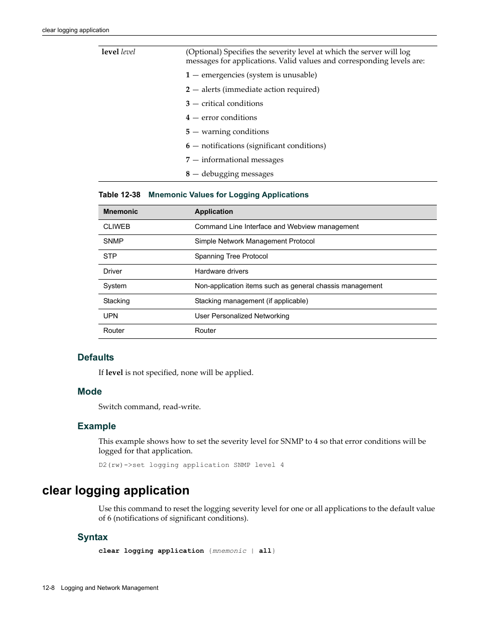 Clear logging application, Clear logging application -8, 38 mnemonic values for logging applications -8 | Table 12‐38, Table 12-38 | Enterasys Networks Enterasys D2 D2G124-12P User Manual | Page 346 / 496