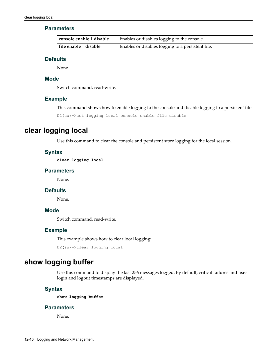 Clear logging local, Show logging buffer, Clear logging local -10 show logging buffer -10 | Enterasys Networks Enterasys D2 D2G124-12P User Manual | Page 348 / 496