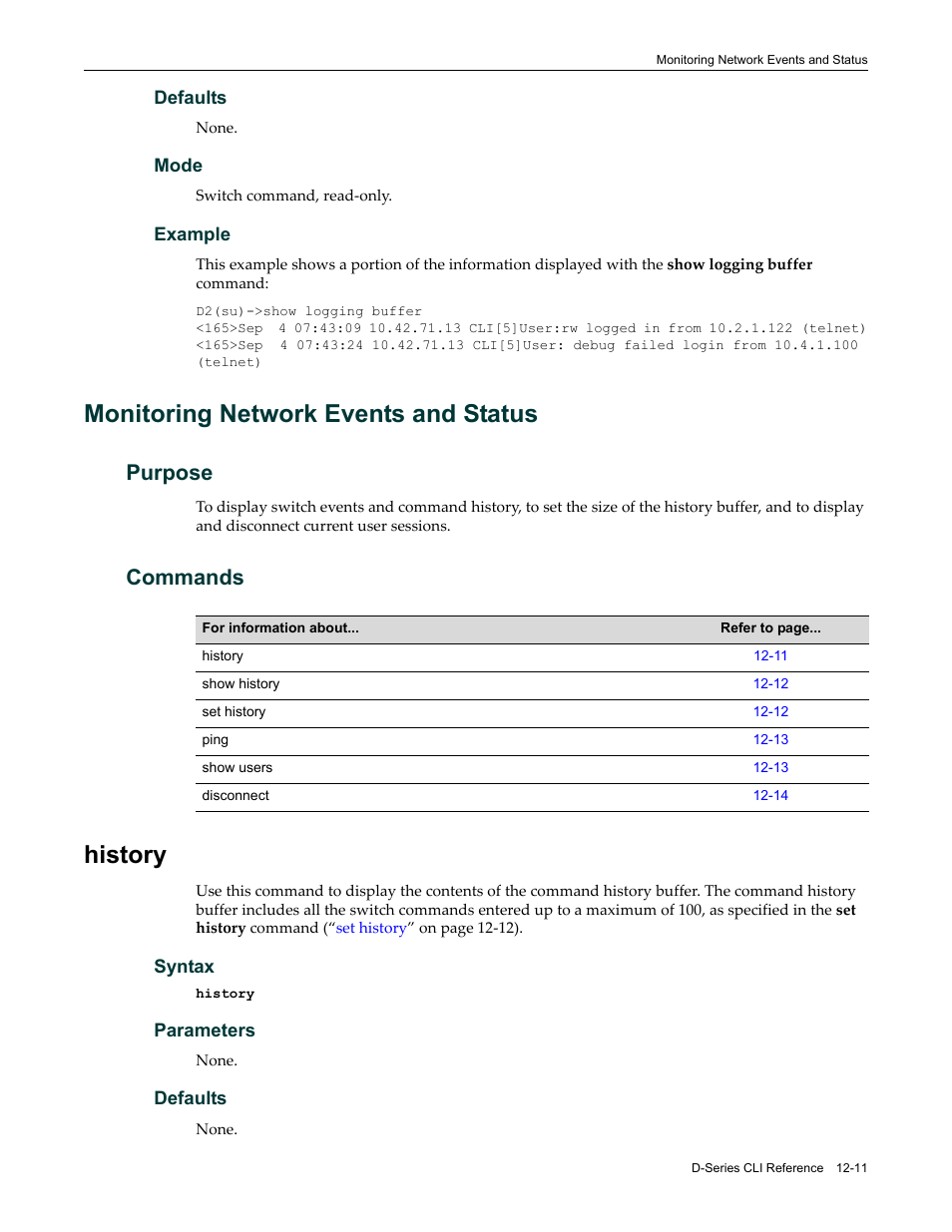 Monitoring network events and status, Purpose, Commands | History, Monitoring network events and status -11, Purpose -11 commands -11, History -11 | Enterasys Networks Enterasys D2 D2G124-12P User Manual | Page 349 / 496