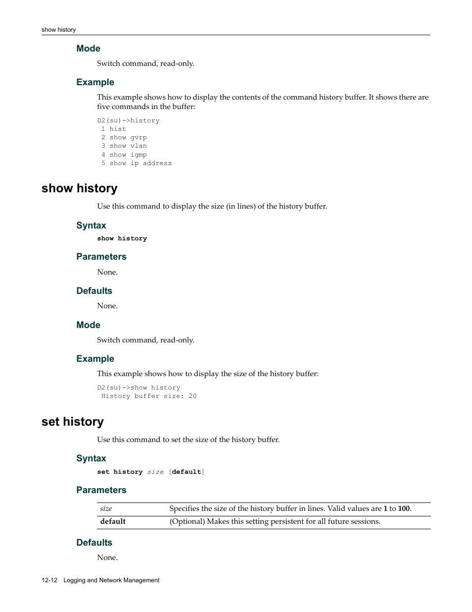 Show history, Set history, Show history -12 set history -12 | Enterasys Networks Enterasys D2 D2G124-12P User Manual | Page 350 / 496