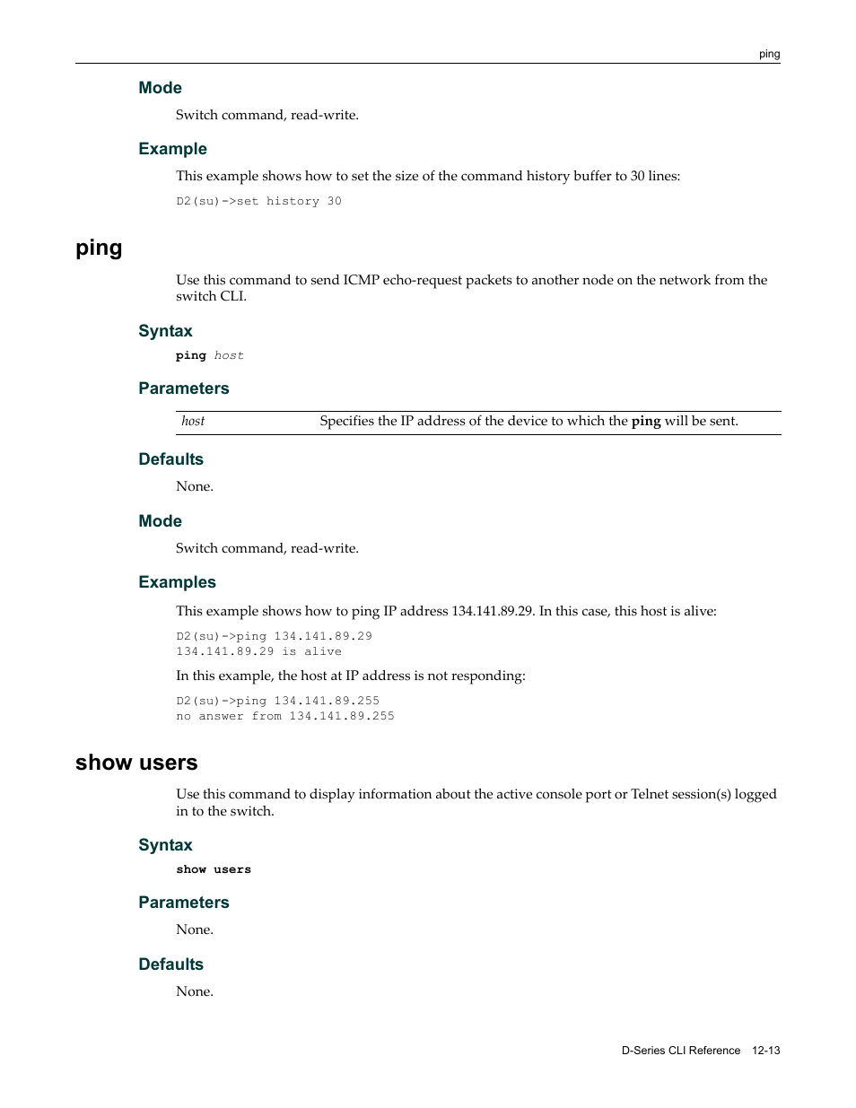 Ping, Show users, Ping -13 show users -13 | Enterasys Networks Enterasys D2 D2G124-12P User Manual | Page 351 / 496