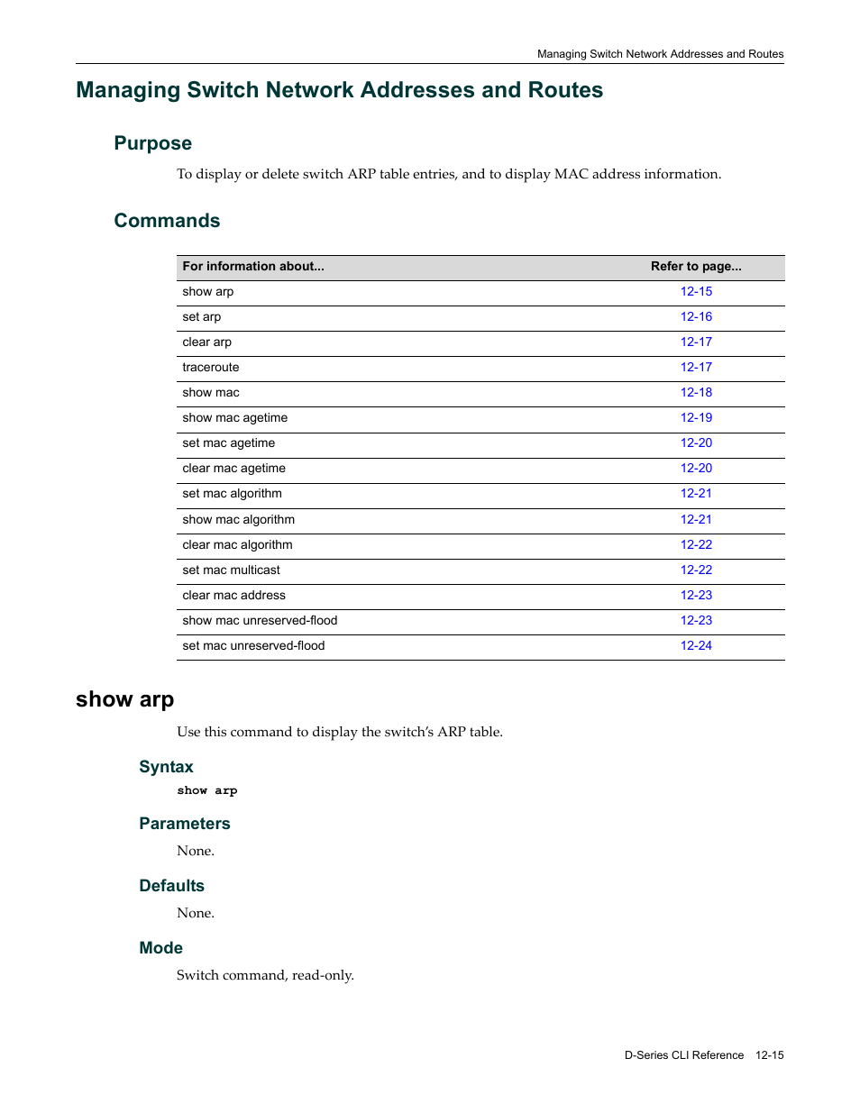 Managing switch network addresses and routes, Purpose, Commands | Show arp, Managing switch network addresses and routes -15, Purpose -15 commands -15, Show arp -15 | Enterasys Networks Enterasys D2 D2G124-12P User Manual | Page 353 / 496