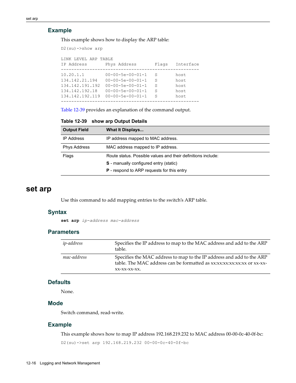 Set arp, Set arp -16, 39 show arp output details -16 | Enterasys Networks Enterasys D2 D2G124-12P User Manual | Page 354 / 496