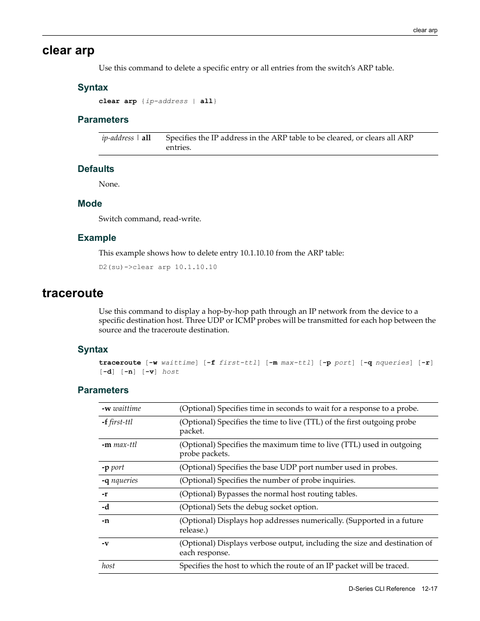 Clear arp, Traceroute, Clear arp -17 traceroute -17 | Enterasys Networks Enterasys D2 D2G124-12P User Manual | Page 355 / 496