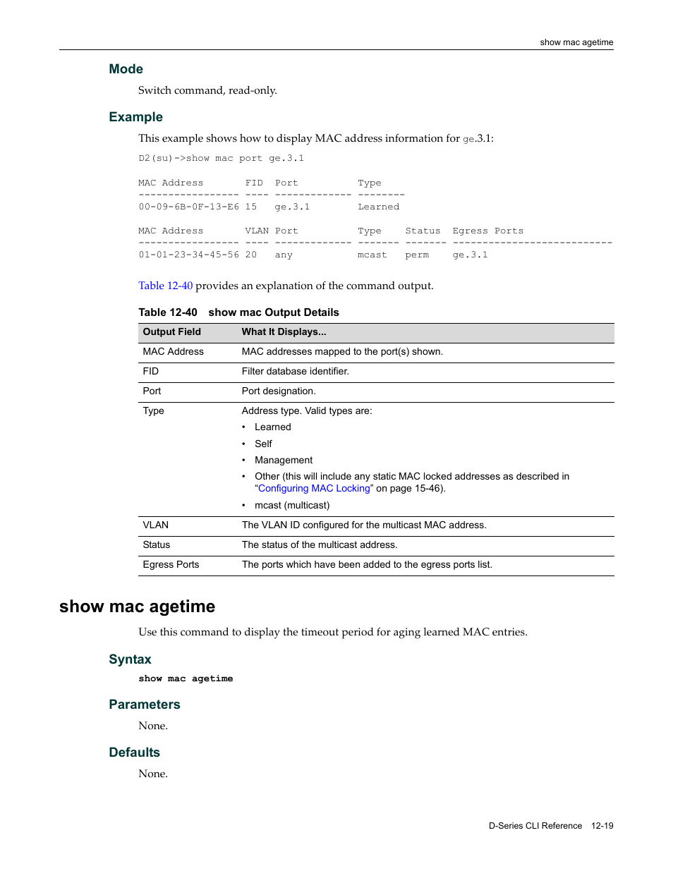 Show mac agetime, Show mac agetime -19, 40 show mac output details -19 | Enterasys Networks Enterasys D2 D2G124-12P User Manual | Page 357 / 496