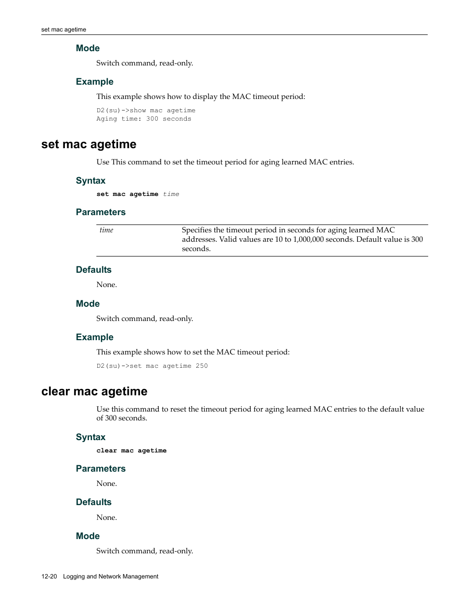 Set mac agetime, Clear mac agetime, Set mac agetime -20 clear mac agetime -20 | Enterasys Networks Enterasys D2 D2G124-12P User Manual | Page 358 / 496