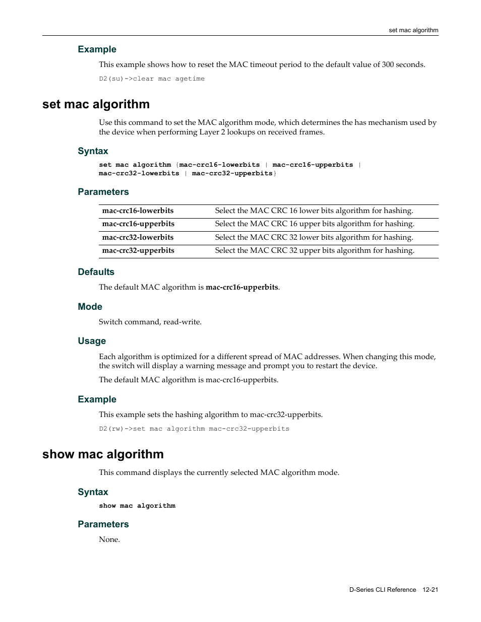 Set mac algorithm, Show mac algorithm, Set mac algorithm -21 show mac algorithm -21 | Enterasys Networks Enterasys D2 D2G124-12P User Manual | Page 359 / 496