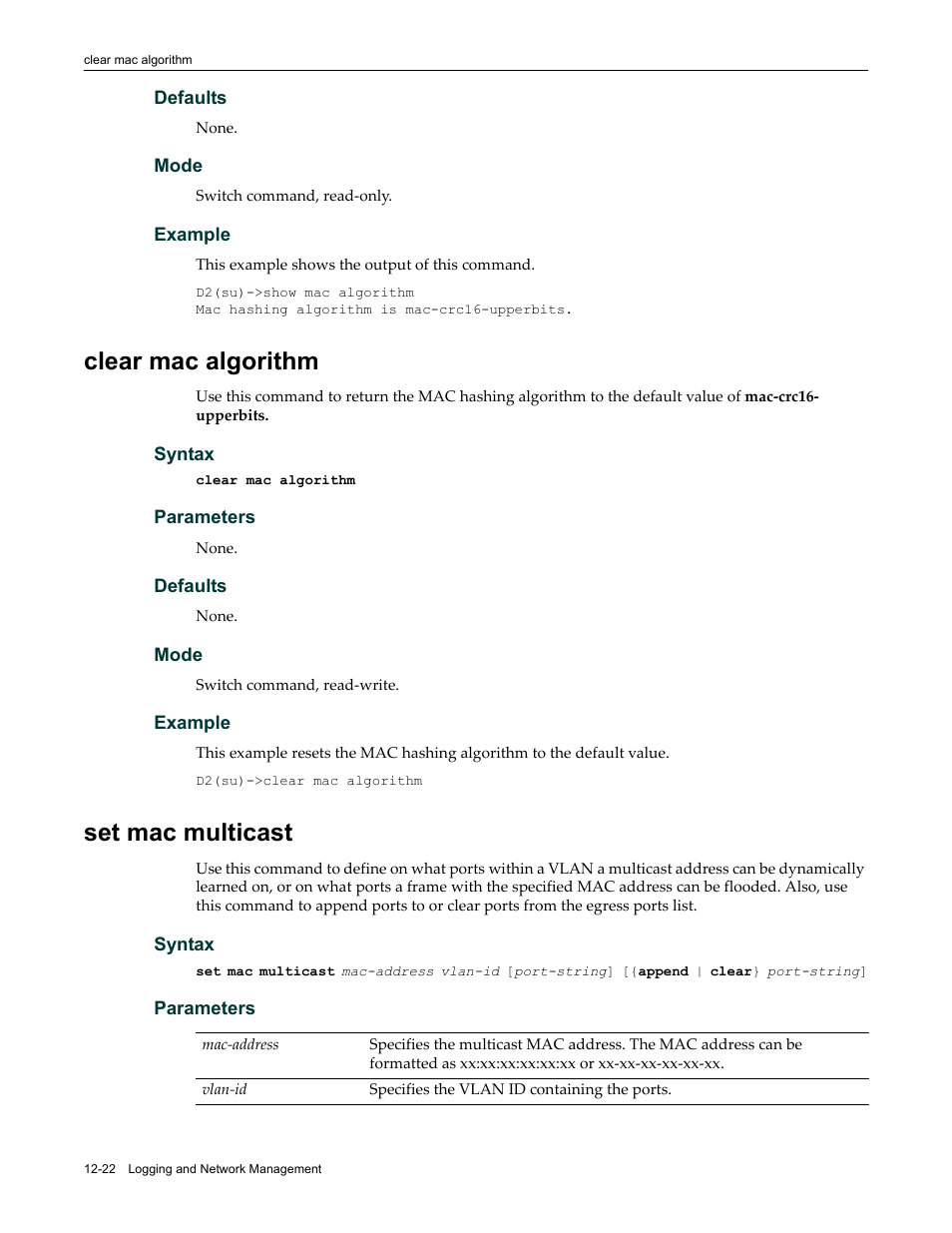 Clear mac algorithm, Set mac multicast, Clear mac algorithm -22 set mac multicast -22 | Enterasys Networks Enterasys D2 D2G124-12P User Manual | Page 360 / 496