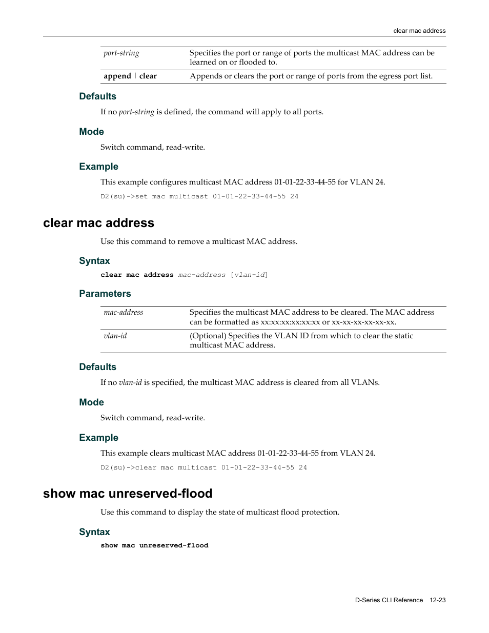 Clear mac address, Show mac unreserved-flood | Enterasys Networks Enterasys D2 D2G124-12P User Manual | Page 361 / 496