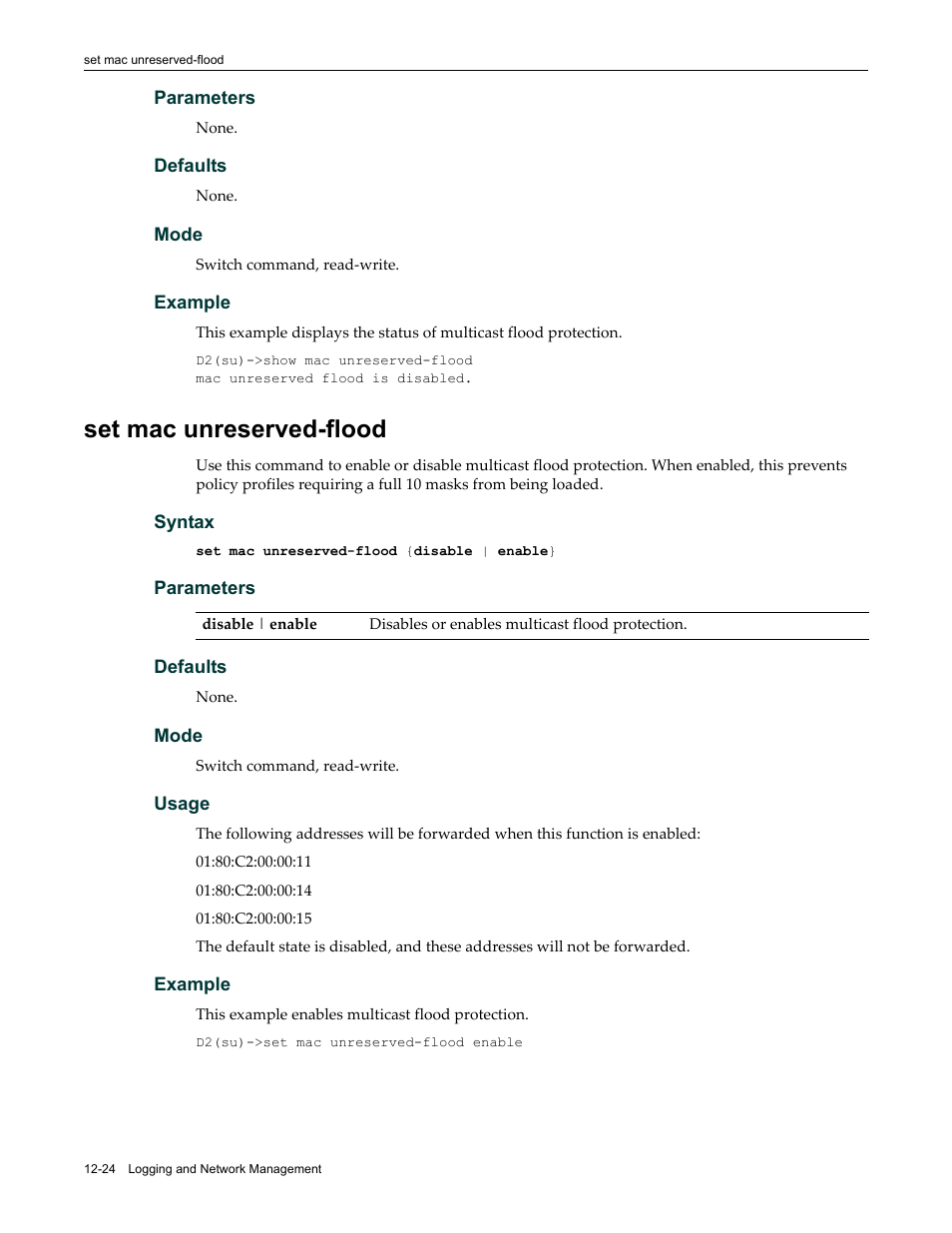 Set mac unreserved-flood, Set mac unreserved-flood -24 | Enterasys Networks Enterasys D2 D2G124-12P User Manual | Page 362 / 496