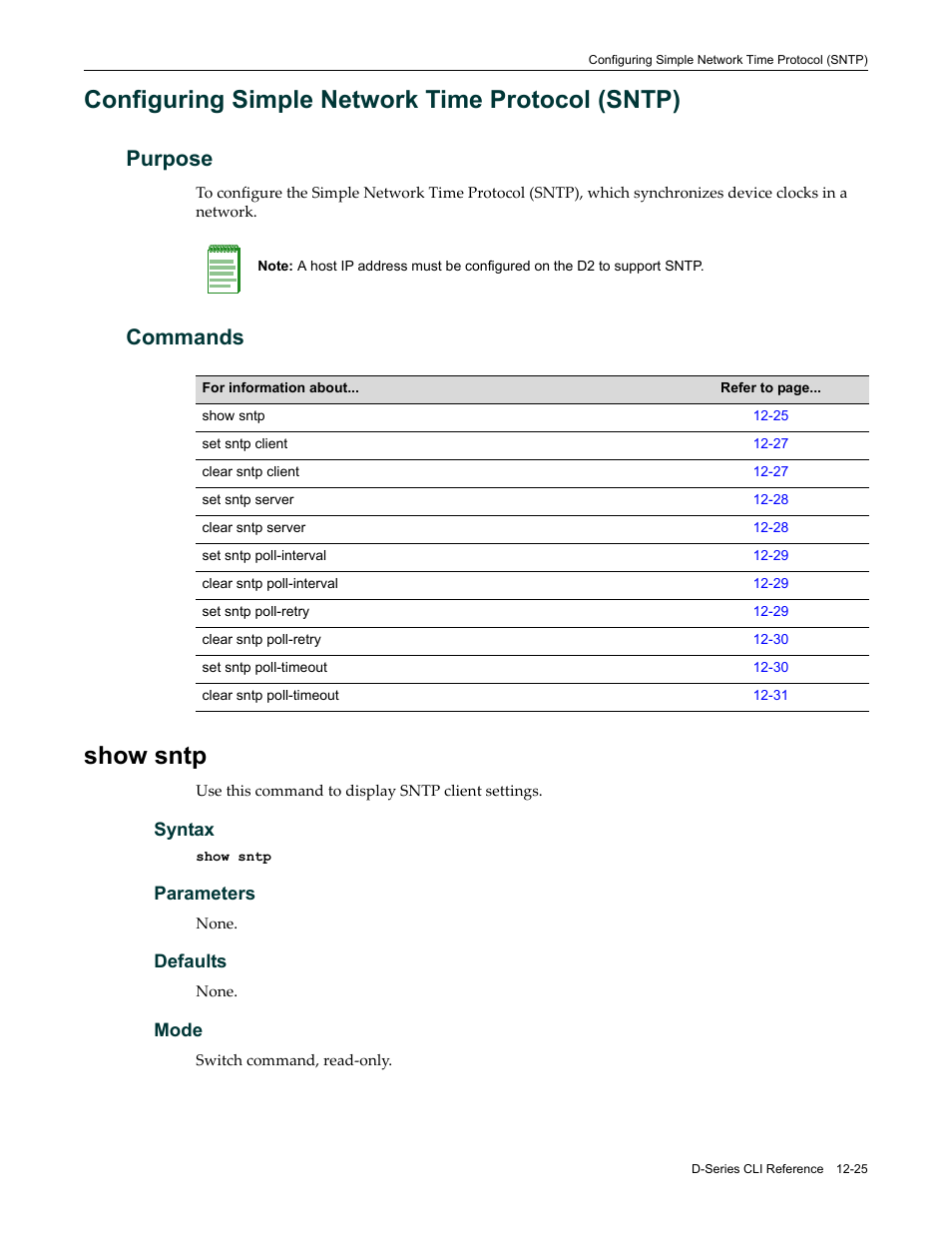 Configuring simple network time protocol (sntp), Purpose, Commands | Show sntp, Purpose -25 commands -25, Show sntp -25 | Enterasys Networks Enterasys D2 D2G124-12P User Manual | Page 363 / 496