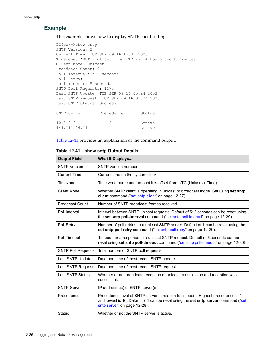 41 show sntp output details -26, Example | Enterasys Networks Enterasys D2 D2G124-12P User Manual | Page 364 / 496