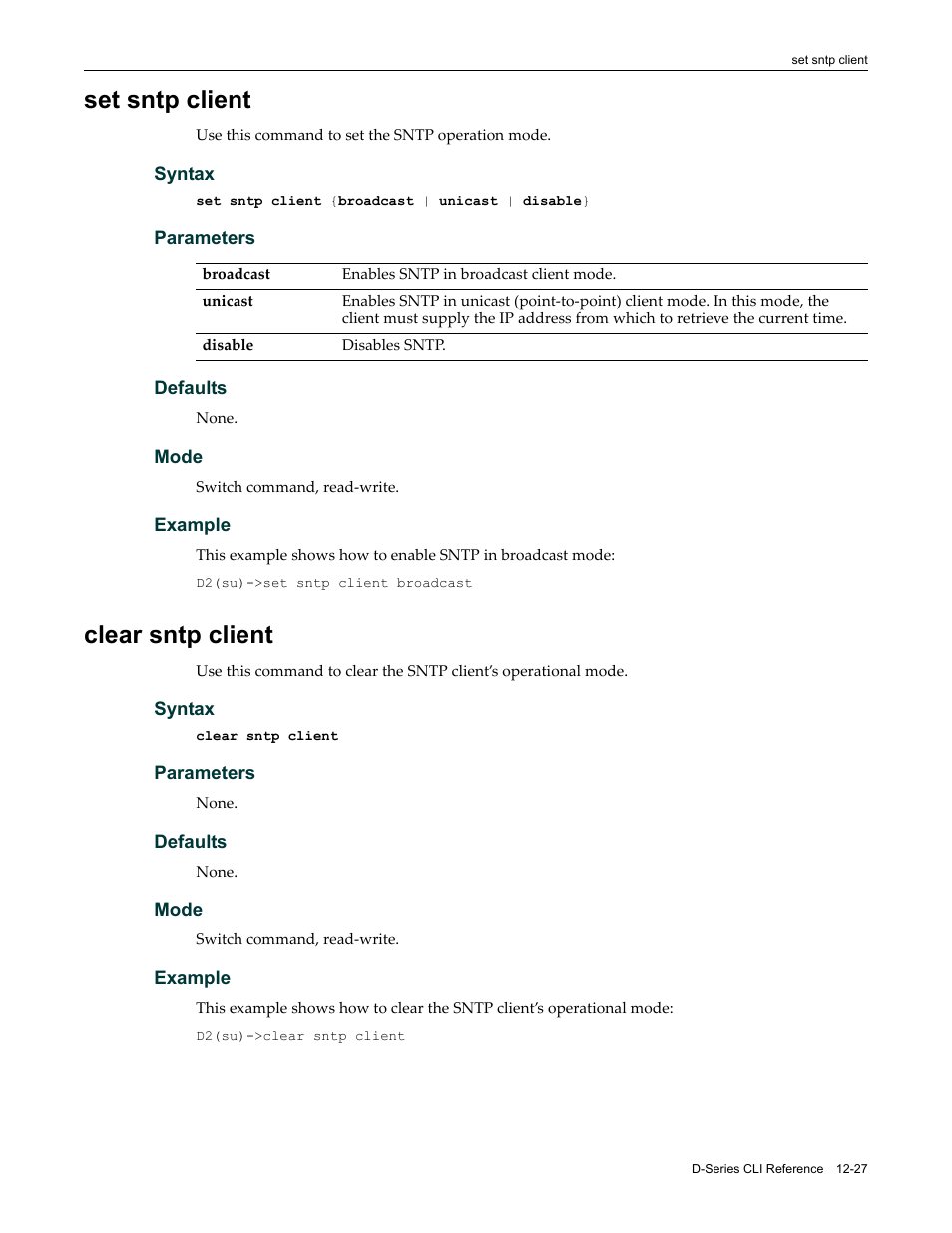 Set sntp client, Clear sntp client, Set sntp client -27 clear sntp client -27 | Enterasys Networks Enterasys D2 D2G124-12P User Manual | Page 365 / 496