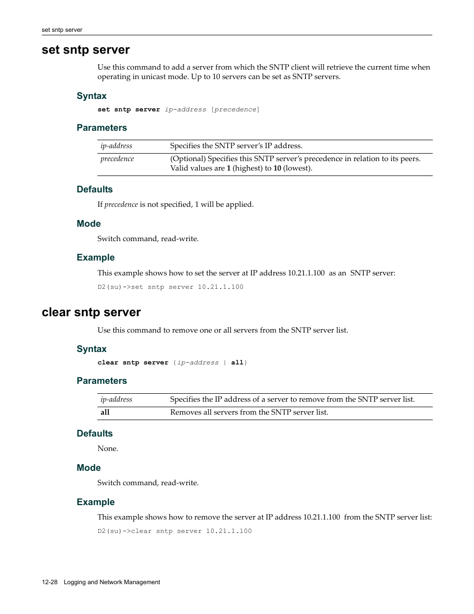 Set sntp server, Clear sntp server, Set sntp server -28 clear sntp server -28 | Command, Sntp server | Enterasys Networks Enterasys D2 D2G124-12P User Manual | Page 366 / 496