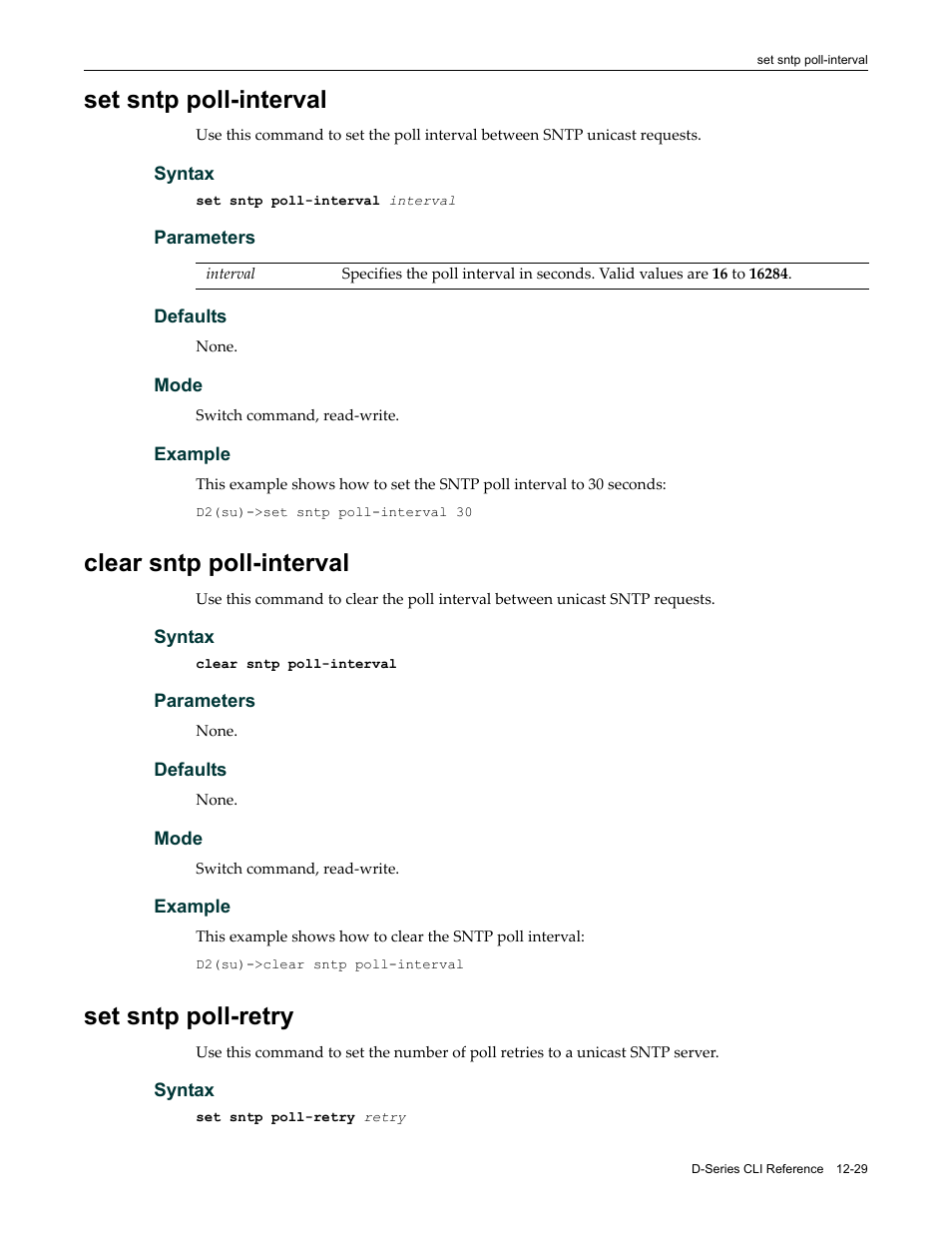 Set sntp poll-interval, Clear sntp poll-interval, Set sntp poll-retry | Command | Enterasys Networks Enterasys D2 D2G124-12P User Manual | Page 367 / 496