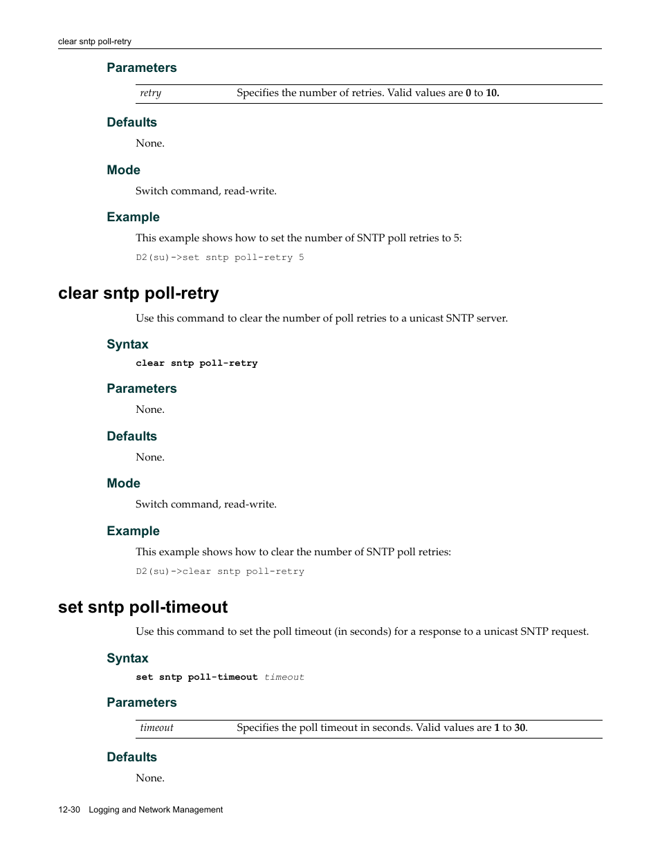 Clear sntp poll-retry, Set sntp poll-timeout, Command | Enterasys Networks Enterasys D2 D2G124-12P User Manual | Page 368 / 496