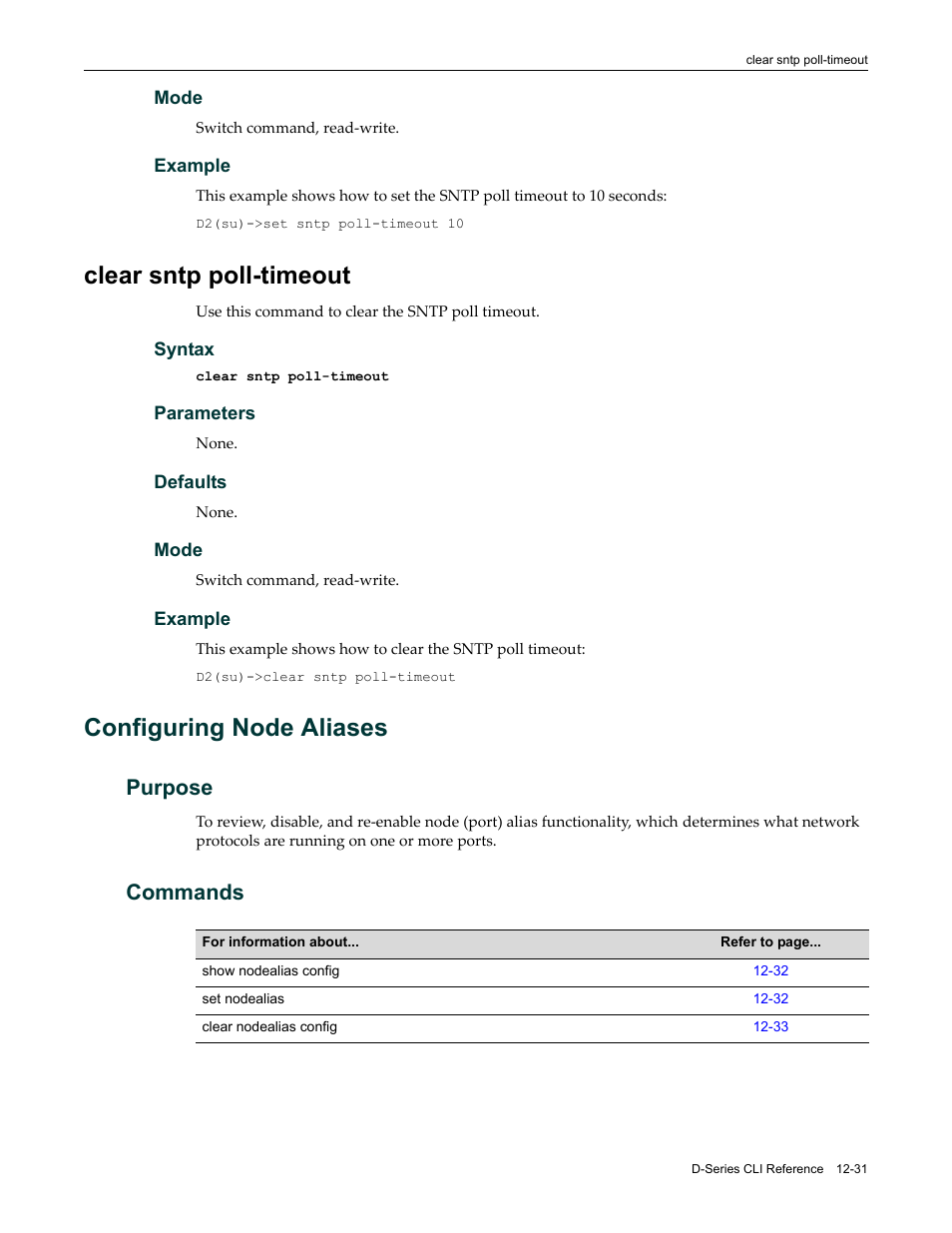 Clear sntp poll-timeout, Configuring node aliases, Purpose | Commands, Clear sntp poll-timeout -31, Configuring node aliases -31, Purpose -31 commands -31 | Enterasys Networks Enterasys D2 D2G124-12P User Manual | Page 369 / 496