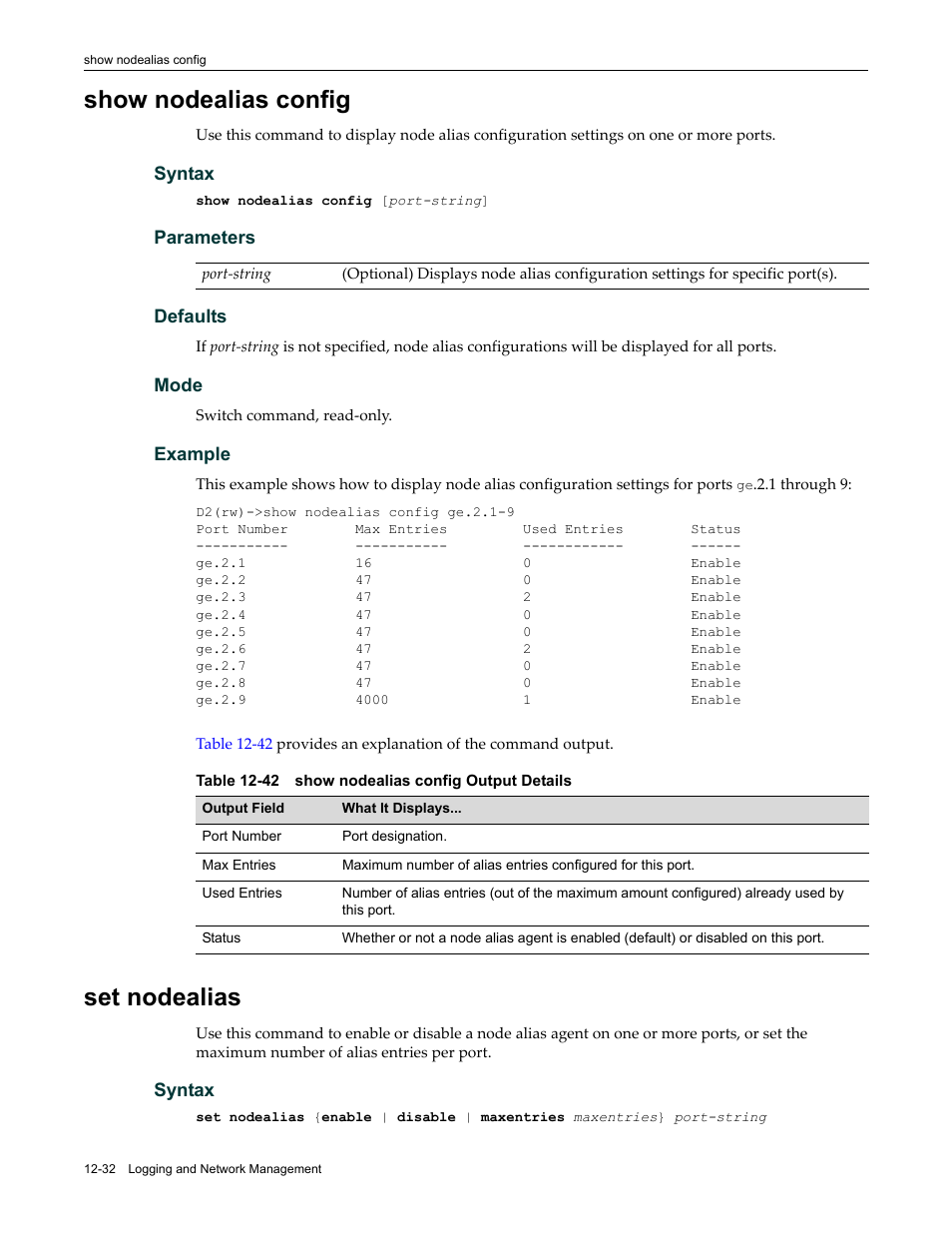 Show nodealias config, Set nodealias, Show nodealias config -32 set nodealias -32 | 42 show nodealias config output details -32 | Enterasys Networks Enterasys D2 D2G124-12P User Manual | Page 370 / 496