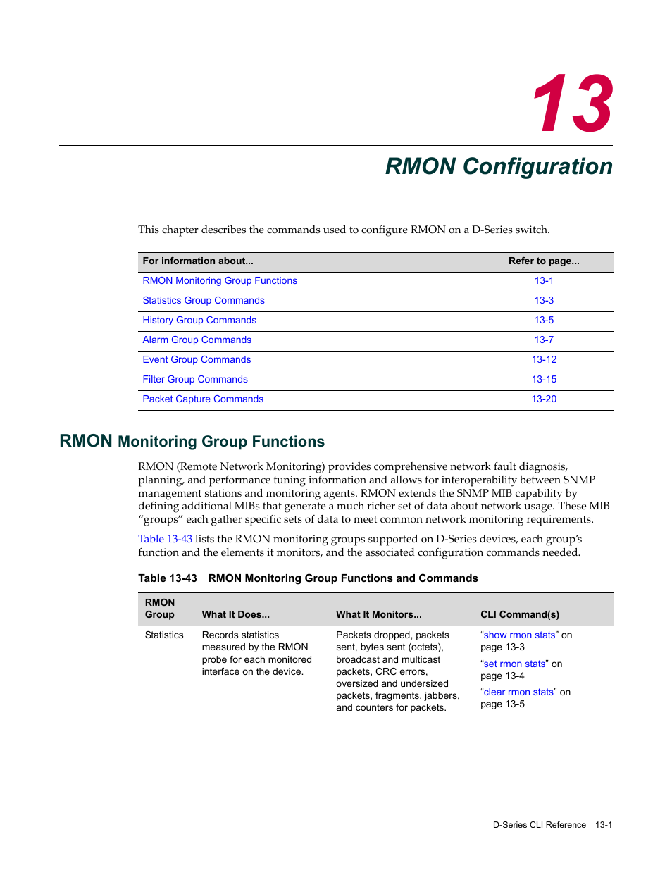 Rmon configuration, Rmon monitoring group functions, Chapter 13: rmon configuration | Rmon monitoring group functions -1, 43 rmon monitoring group functions and commands -1, Chapter 13, Rmon, Monitoring group functions | Enterasys Networks Enterasys D2 D2G124-12P User Manual | Page 373 / 496