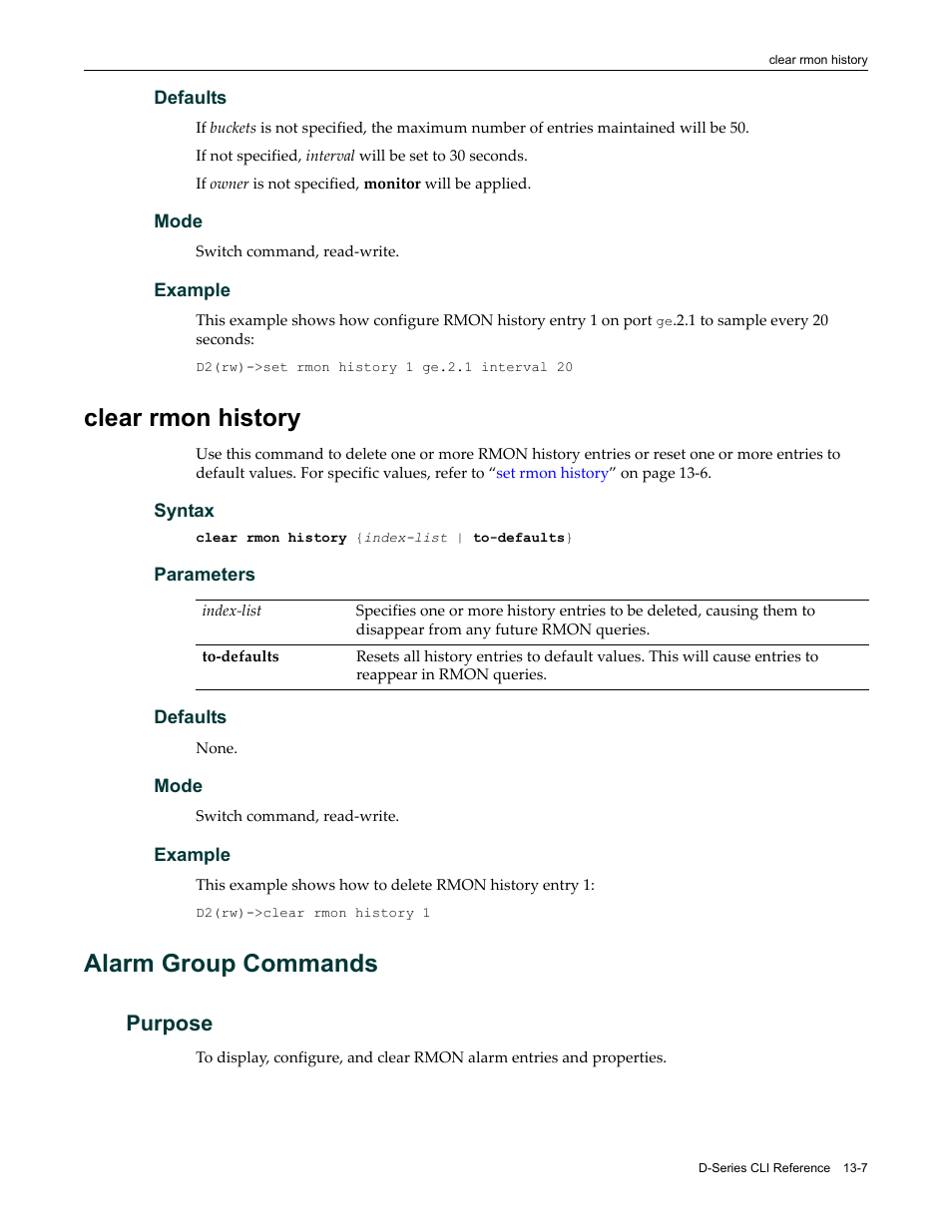 Clear rmon history, Alarm group commands, Purpose | Clear rmon history -7, Alarm group commands -7, Purpose -7 | Enterasys Networks Enterasys D2 D2G124-12P User Manual | Page 379 / 496