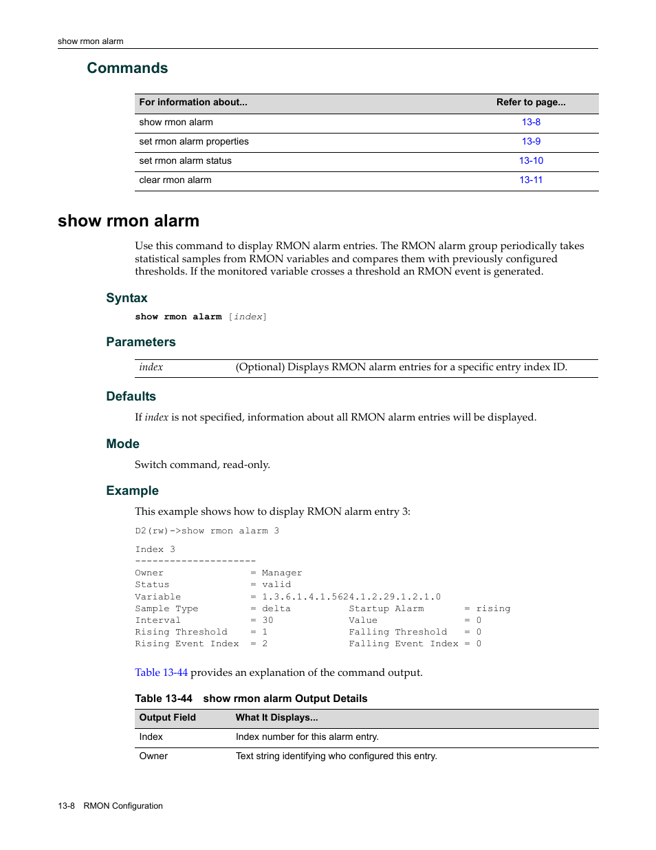 Commands, Show rmon alarm, Commands -8 | Show rmon alarm -8, 44 show rmon alarm output details -8 | Enterasys Networks Enterasys D2 D2G124-12P User Manual | Page 380 / 496