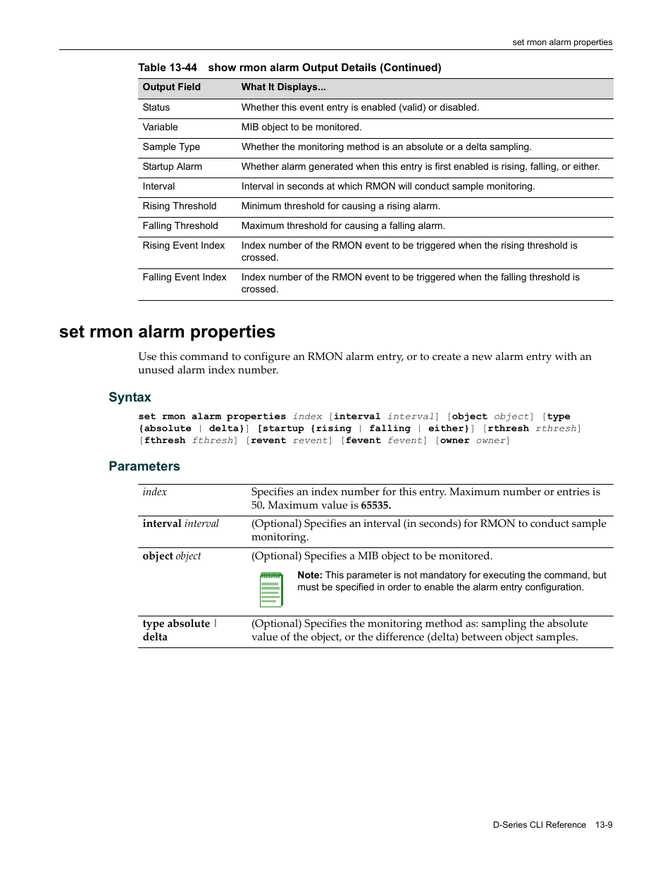 Set rmon alarm properties, Set rmon alarm properties -9 | Enterasys Networks Enterasys D2 D2G124-12P User Manual | Page 381 / 496