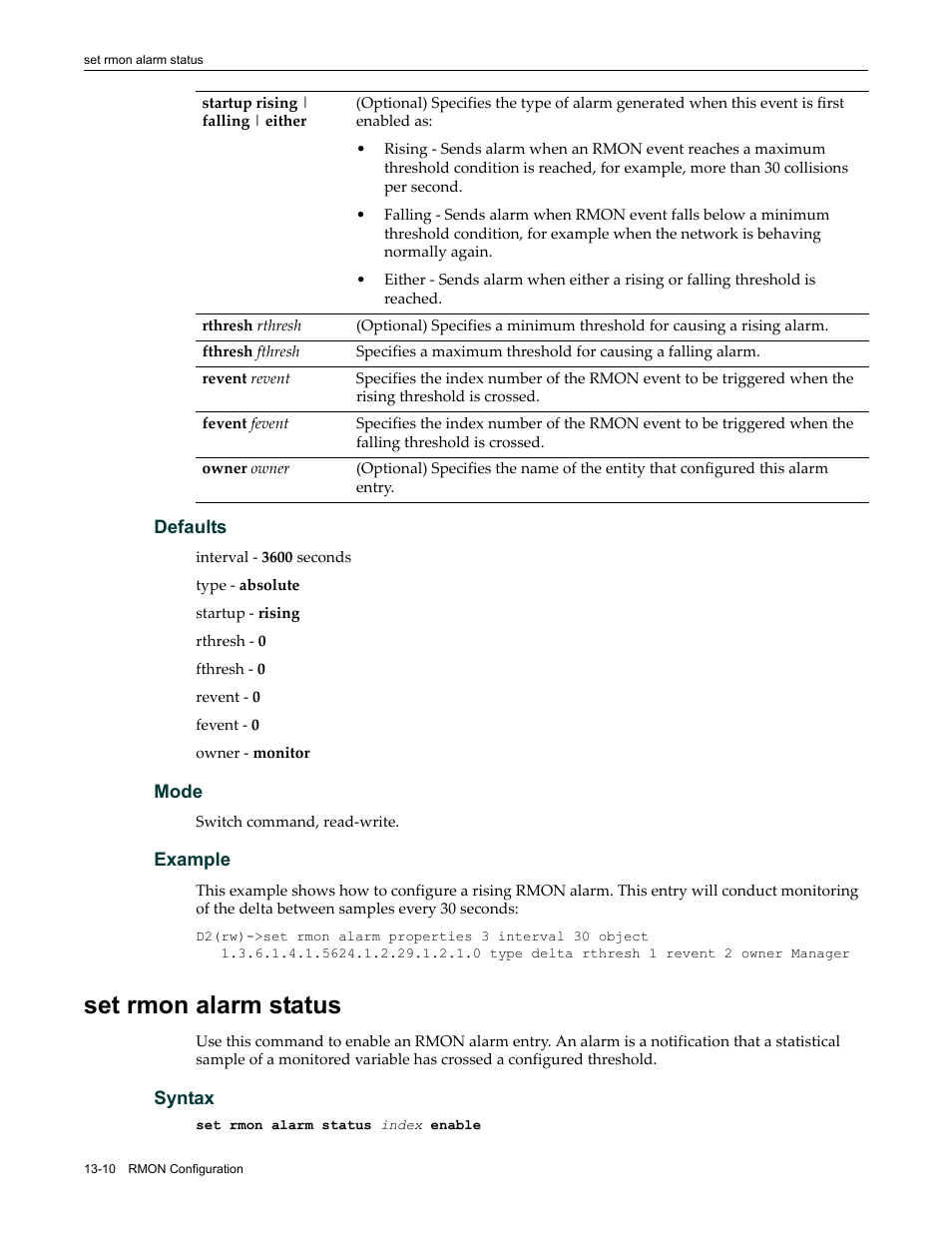 Set rmon alarm status, Set rmon alarm status -10 | Enterasys Networks Enterasys D2 D2G124-12P User Manual | Page 382 / 496