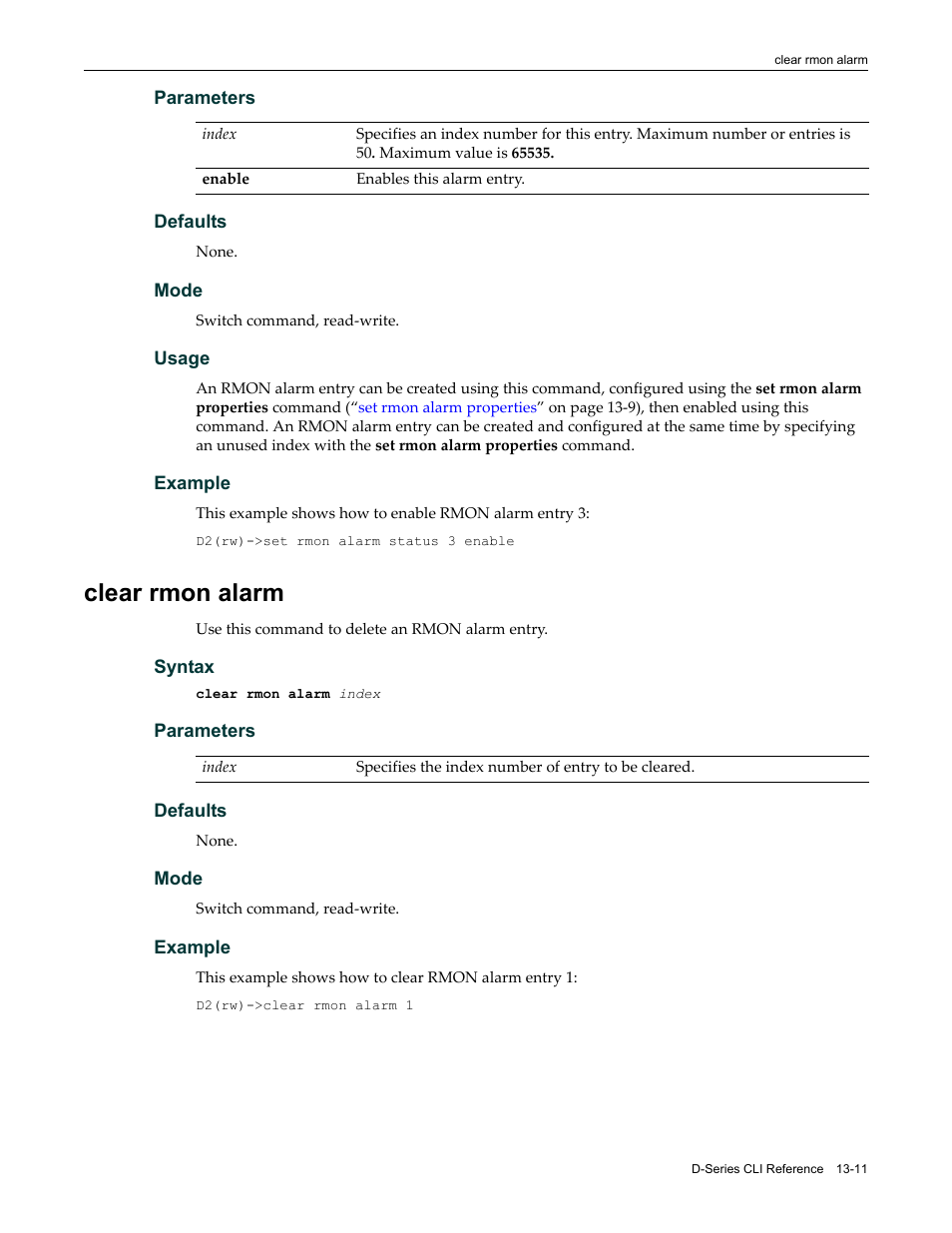 Clear rmon alarm, Clear rmon alarm -11 | Enterasys Networks Enterasys D2 D2G124-12P User Manual | Page 383 / 496