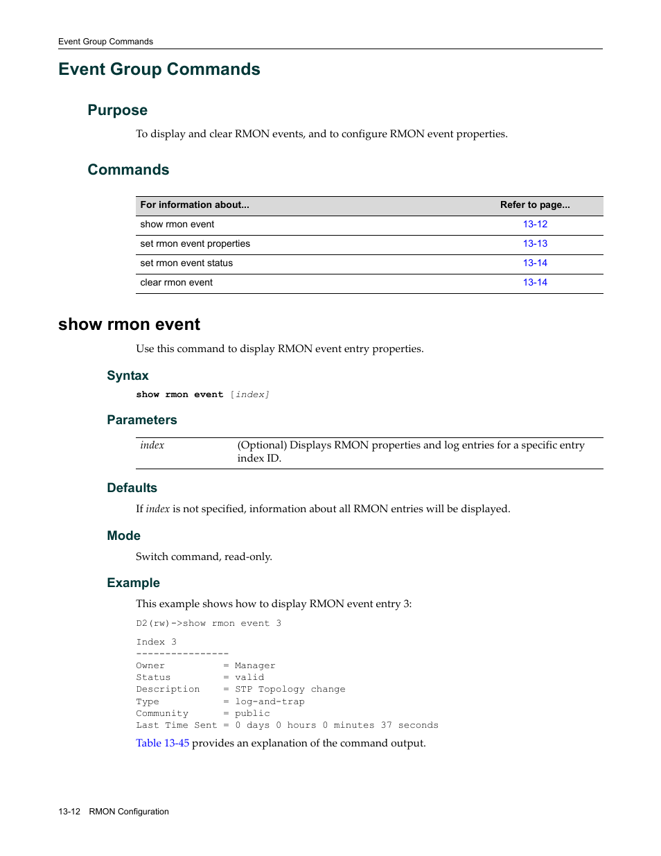 Event group commands, Purpose, Commands | Show rmon event, Event group commands -12, Purpose -12 commands -12, Show rmon event -12 | Enterasys Networks Enterasys D2 D2G124-12P User Manual | Page 384 / 496