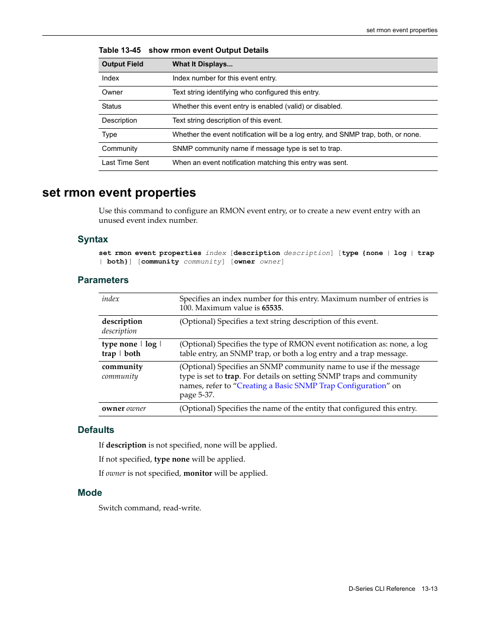 Set rmon event properties, Set rmon event properties -13, 45 show rmon event output details -13 | Table 13‐45 | Enterasys Networks Enterasys D2 D2G124-12P User Manual | Page 385 / 496