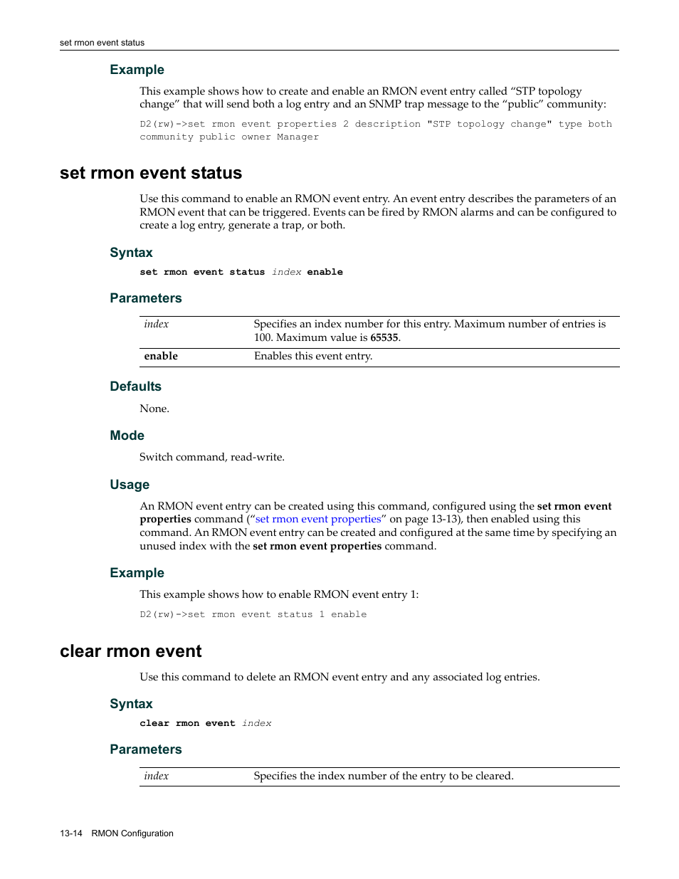 Set rmon event status, Clear rmon event, Set rmon event status -14 clear rmon event -14 | Enterasys Networks Enterasys D2 D2G124-12P User Manual | Page 386 / 496