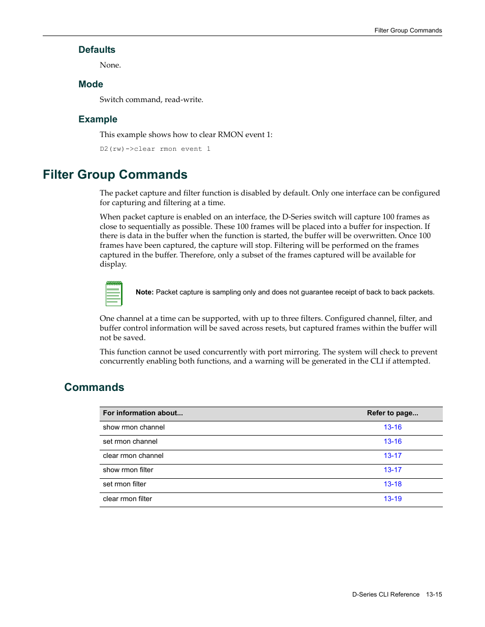 Filter group commands, Commands, Filter group commands -15 | Commands -15 | Enterasys Networks Enterasys D2 D2G124-12P User Manual | Page 387 / 496