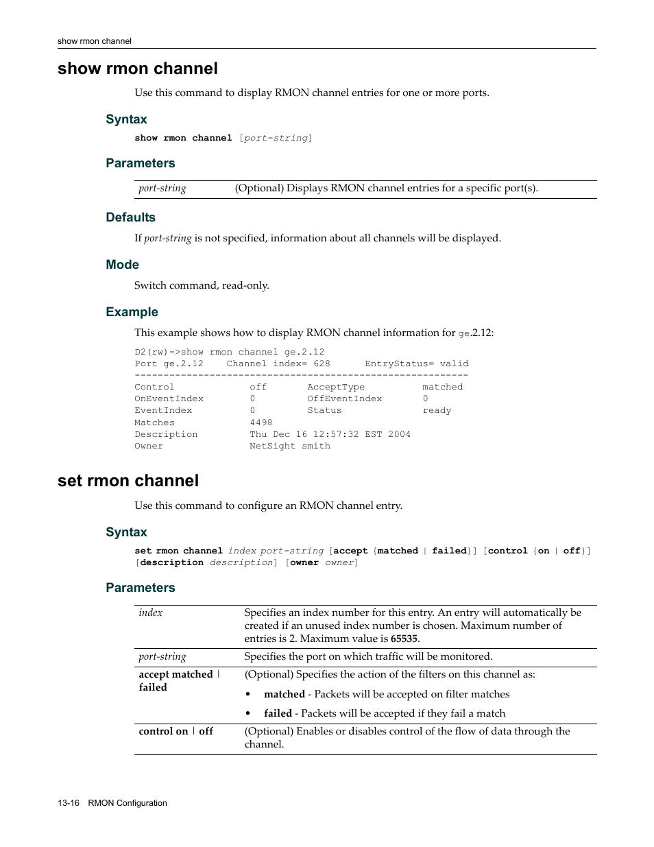 Show rmon channel, Set rmon channel, Show rmon channel -16 set rmon channel -16 | Enterasys Networks Enterasys D2 D2G124-12P User Manual | Page 388 / 496