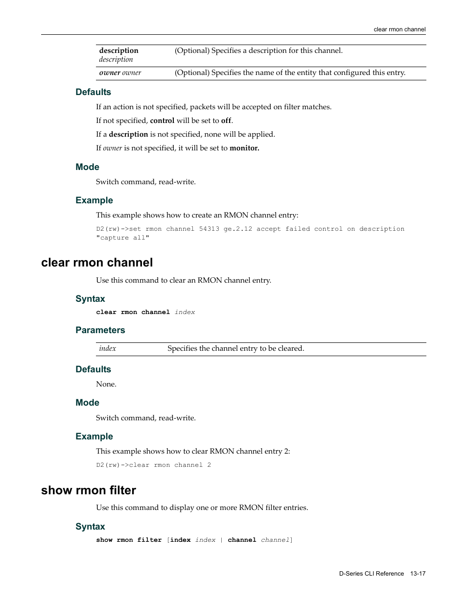 Clear rmon channel, Show rmon filter, Clear rmon channel -17 show rmon filter -17 | Enterasys Networks Enterasys D2 D2G124-12P User Manual | Page 389 / 496