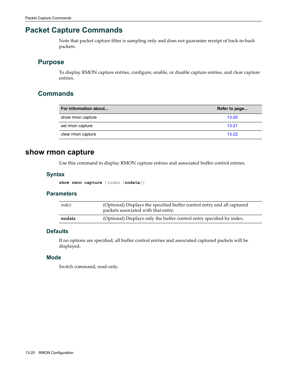 Packet capture commands, Purpose, Commands | Show rmon capture, Packet capture commands -20, Purpose -20 commands -20, Show rmon capture -20 | Enterasys Networks Enterasys D2 D2G124-12P User Manual | Page 392 / 496