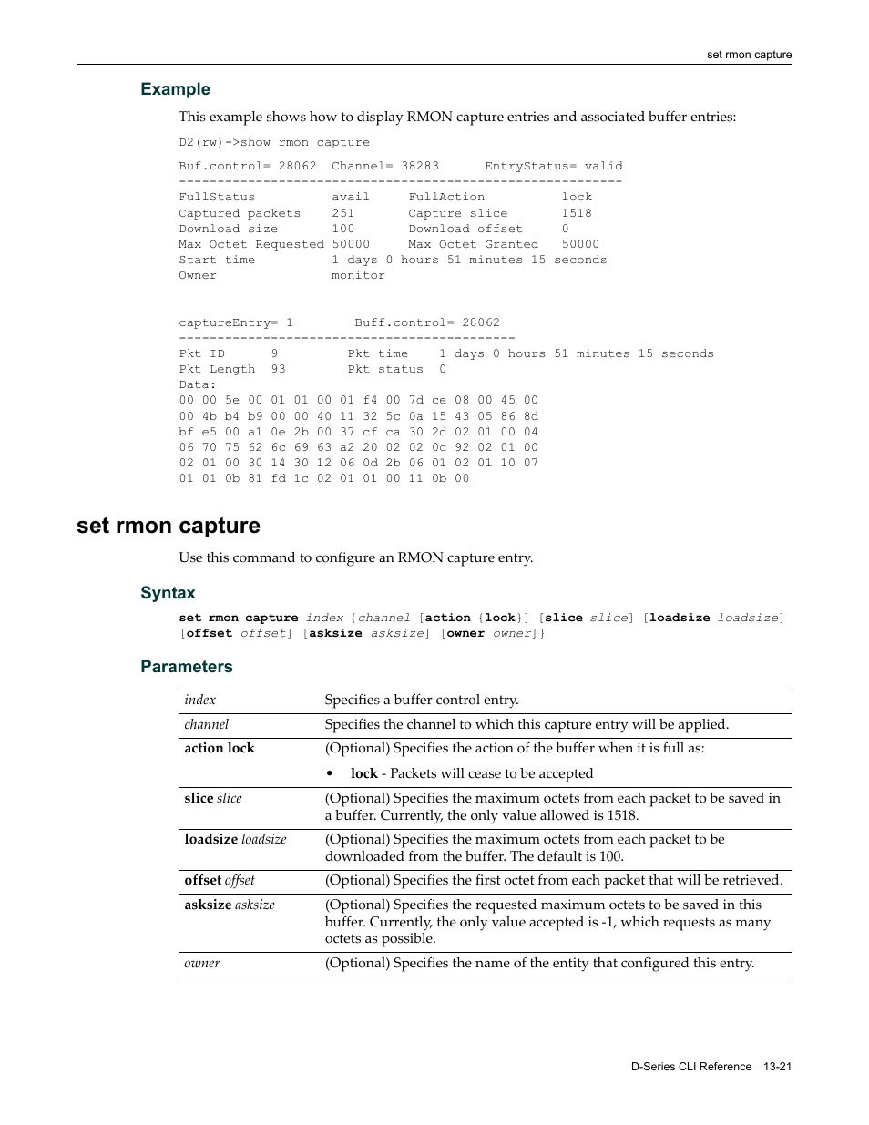 Set rmon capture, Set rmon capture -21 | Enterasys Networks Enterasys D2 D2G124-12P User Manual | Page 393 / 496