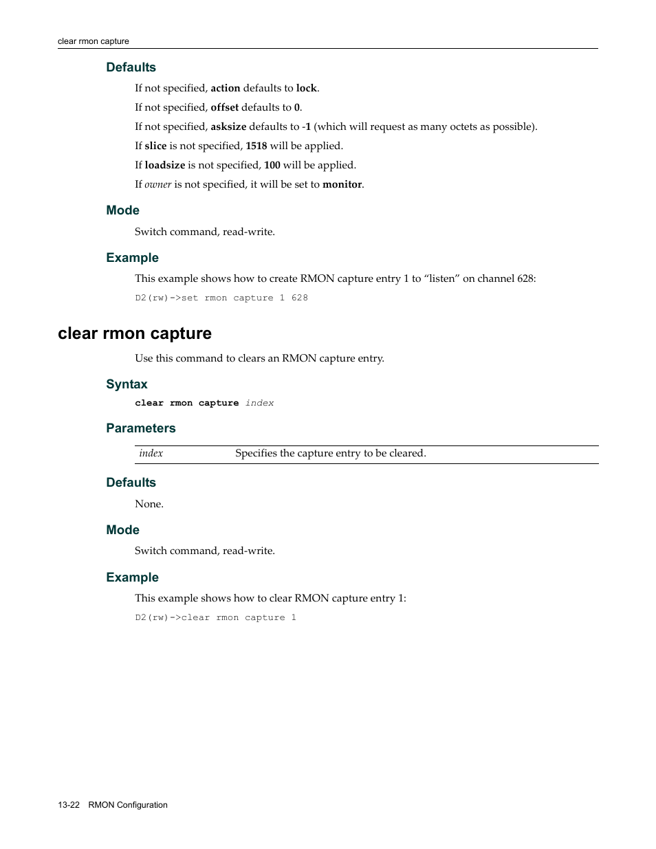 Clear rmon capture, Clear rmon capture -22 | Enterasys Networks Enterasys D2 D2G124-12P User Manual | Page 394 / 496