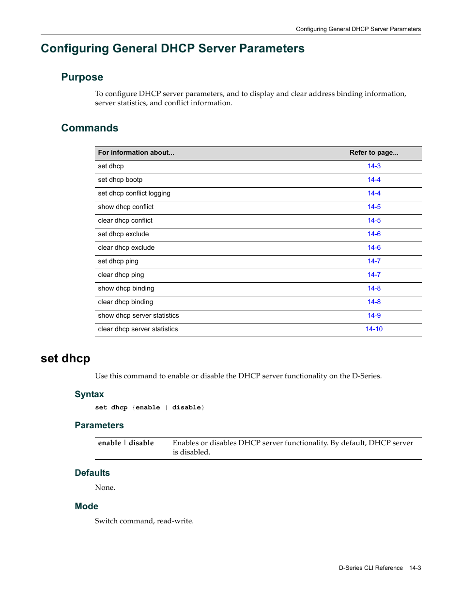 Configuring general dhcp server parameters, Purpose, Commands | Set dhcp, Configuring general dhcp server parameters -3, Purpose -3 commands -3, Set dhcp -3 | Enterasys Networks Enterasys D2 D2G124-12P User Manual | Page 397 / 496