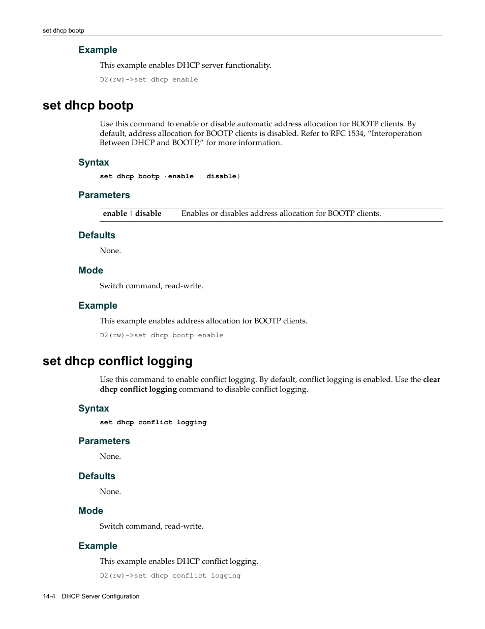 Set dhcp bootp, Set dhcp conflict logging, Set dhcp bootp -4 set dhcp conflict logging -4 | Enterasys Networks Enterasys D2 D2G124-12P User Manual | Page 398 / 496