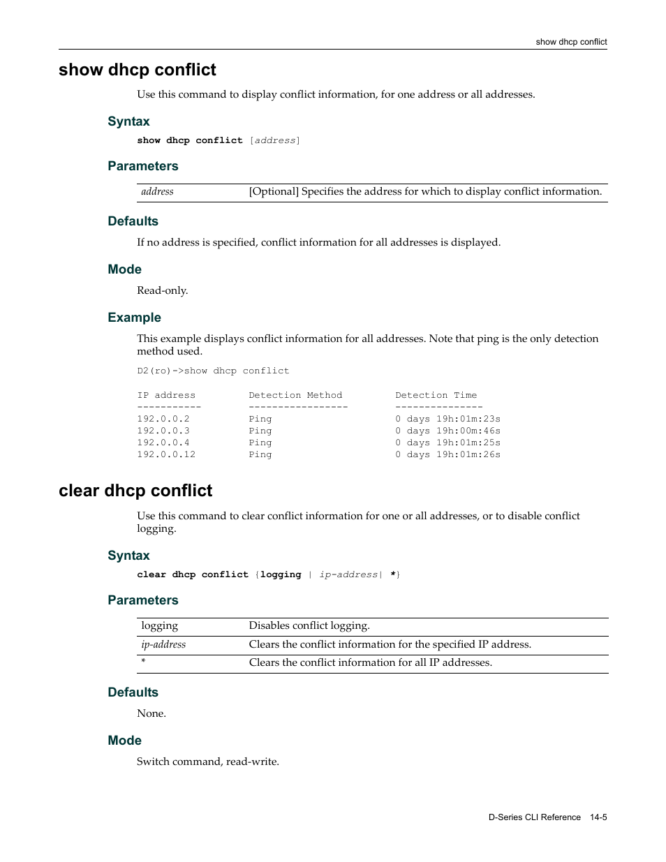 Show dhcp conflict, Clear dhcp conflict, Show dhcp conflict -5 clear dhcp conflict -5 | Enterasys Networks Enterasys D2 D2G124-12P User Manual | Page 399 / 496