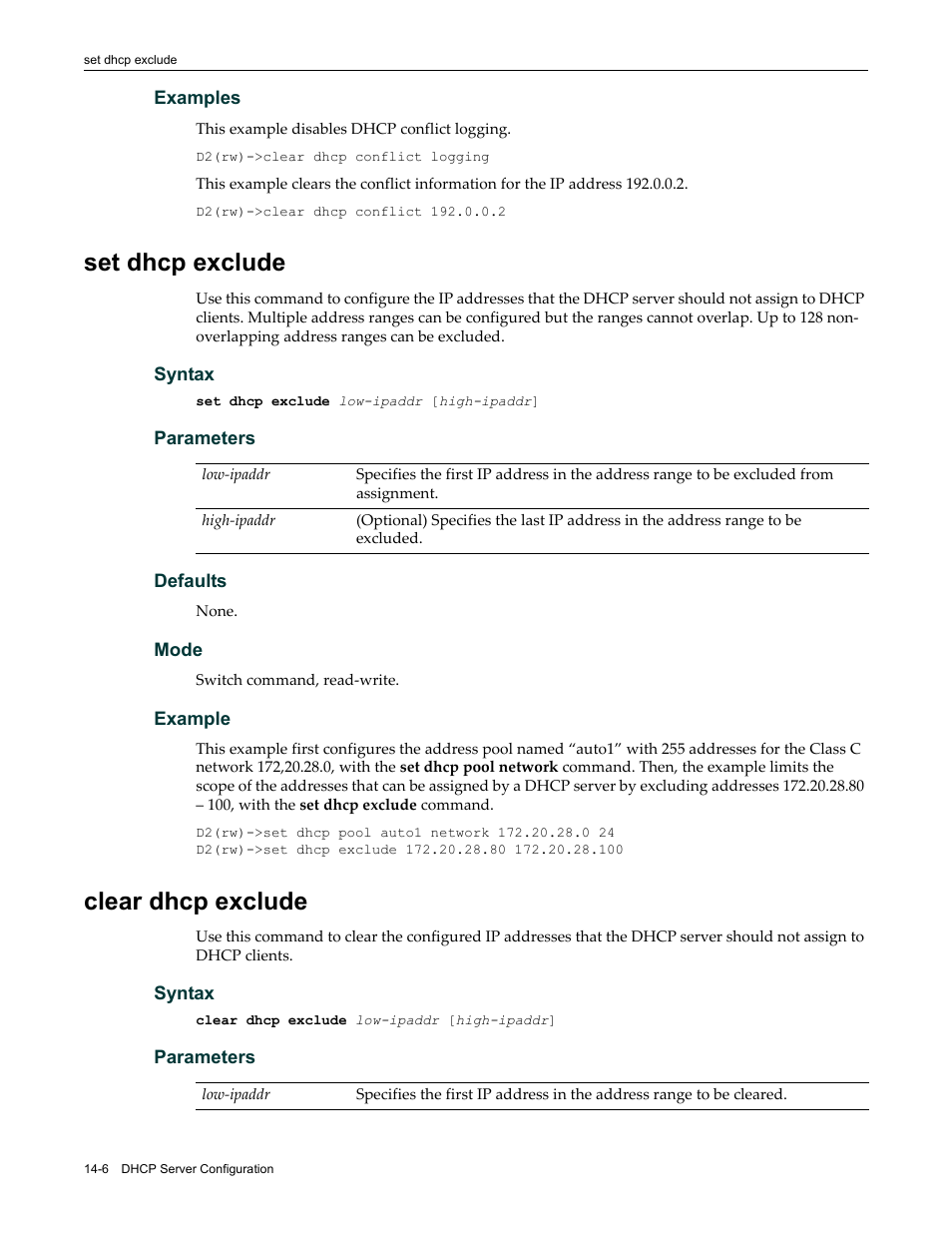 Set dhcp exclude, Clear dhcp exclude, Set dhcp exclude -6 clear dhcp exclude -6 | Enterasys Networks Enterasys D2 D2G124-12P User Manual | Page 400 / 496