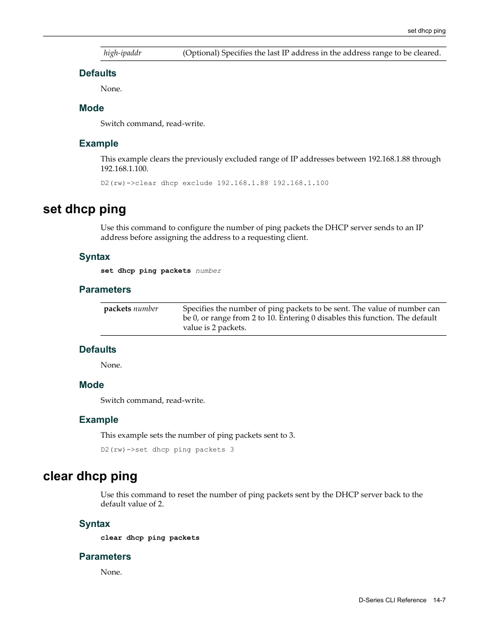 Set dhcp ping, Clear dhcp ping, Set dhcp ping -7 clear dhcp ping -7 | Enterasys Networks Enterasys D2 D2G124-12P User Manual | Page 401 / 496