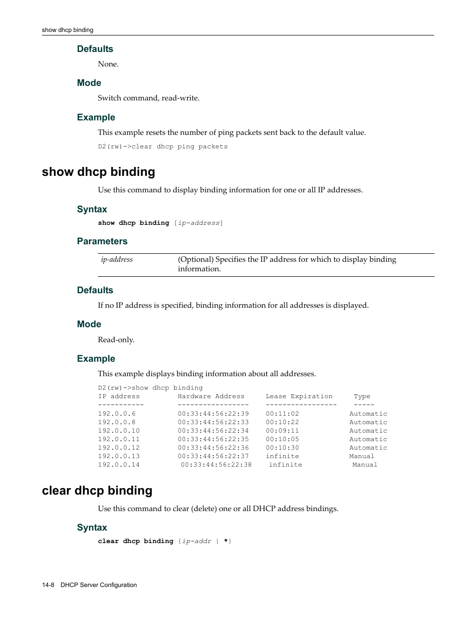 Show dhcp binding, Clear dhcp binding, Show dhcp binding -8 clear dhcp binding -8 | Enterasys Networks Enterasys D2 D2G124-12P User Manual | Page 402 / 496