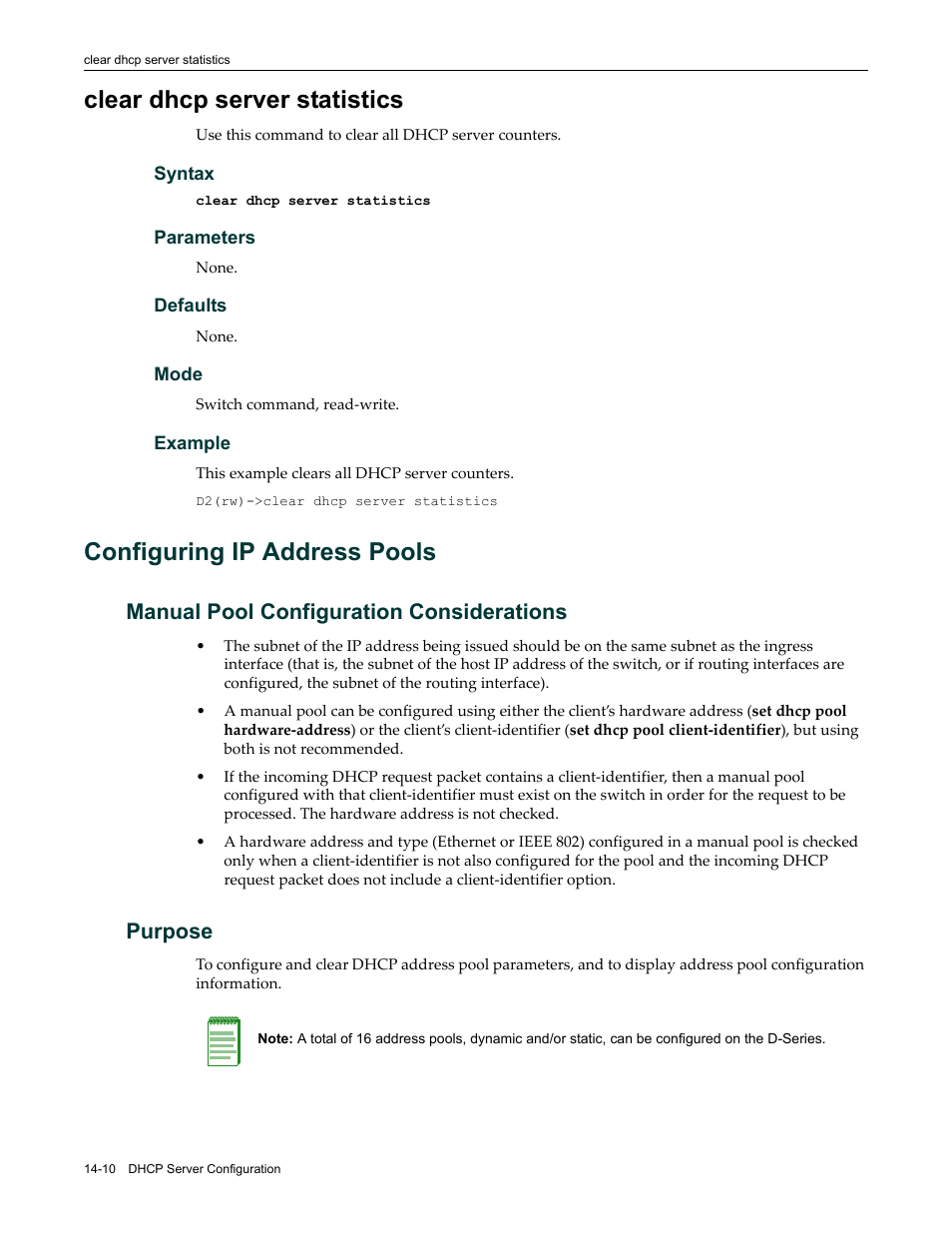 Clear dhcp server statistics, Configuring ip address pools, Manual pool configuration considerations | Purpose, Clear dhcp server statistics -10, Configuring ip address pools -10 | Enterasys Networks Enterasys D2 D2G124-12P User Manual | Page 404 / 496