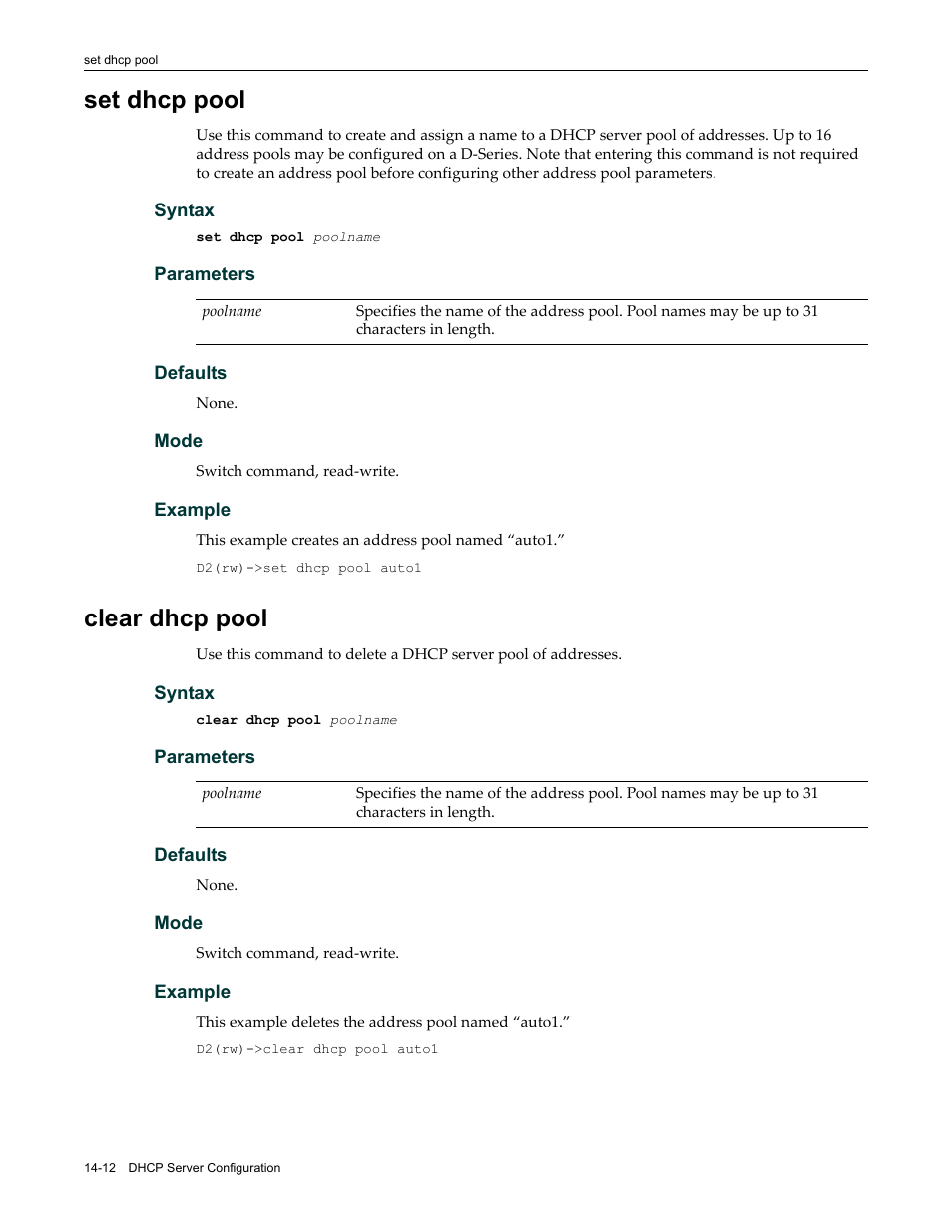 Set dhcp pool, Clear dhcp pool, Set dhcp pool -12 clear dhcp pool -12 | Enterasys Networks Enterasys D2 D2G124-12P User Manual | Page 406 / 496